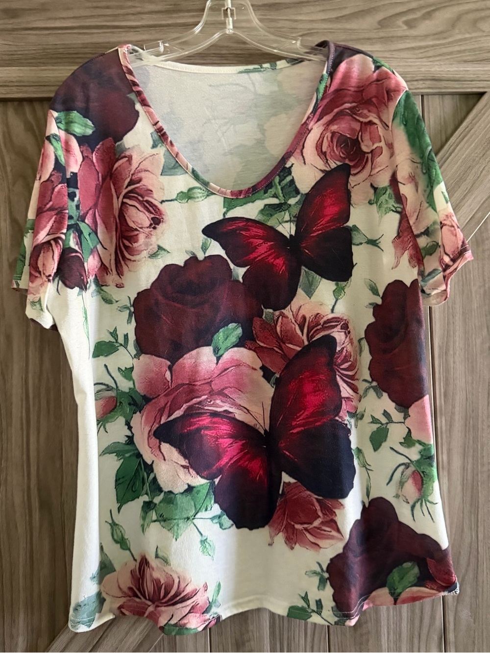 Floral & Butterfly Print Short Sleeve Top - Pink